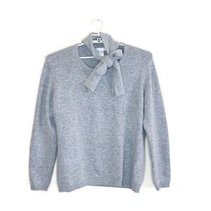 Vtg ROSANNA Women's Gray Fuzzy Angora Rabbit Lambswool Neck Tie Bow Sweater - 1X